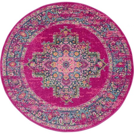Homeroots 5 ft. Round Fuchsia & Blue Distressed Area Rug 385263